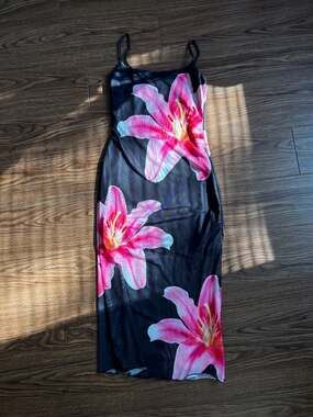Black Pink Lily Floral Print Mesh Maxi Slip Dress
